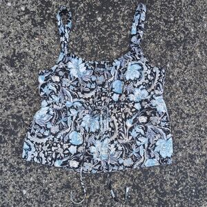 Tahari Large Floral Blue Linen Tank Top Milkmaid Elastic Back